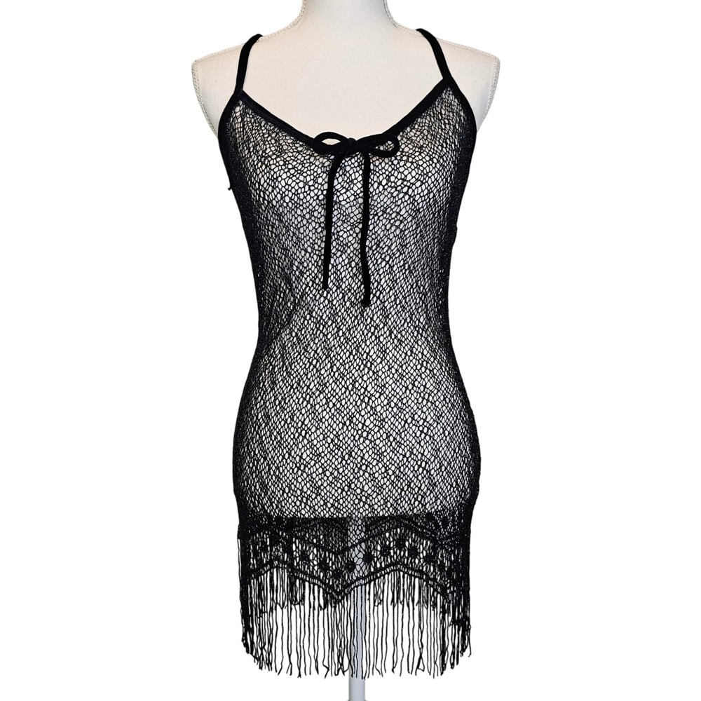 Intamate Attitudes VTG Fringe Sheer‎ Lingerie Black Shimmer Flapper Top Large XL